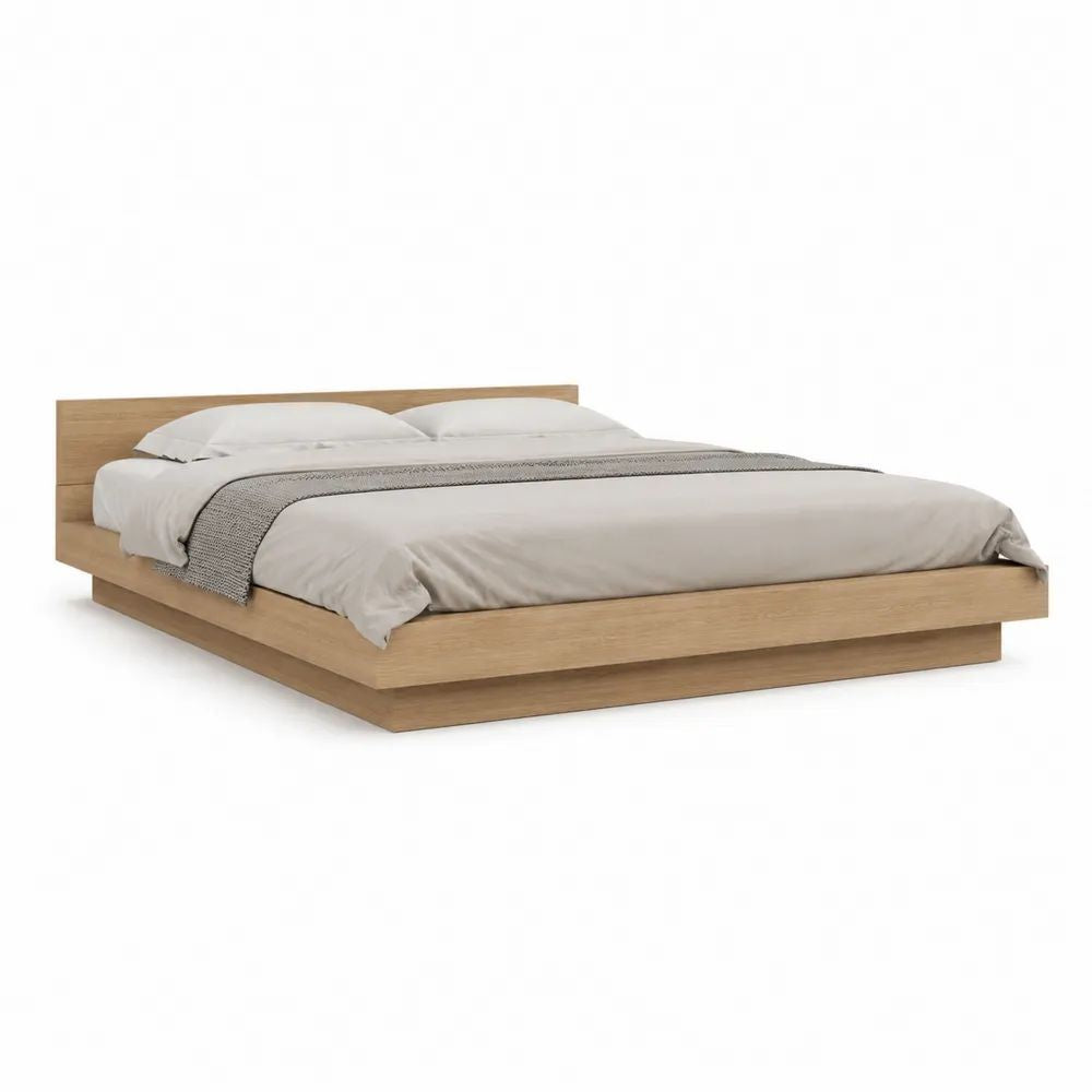Lit plateforme 2 places en MDF plaqué chêne naturel, couchage 160 x 200 cm, dimensions 220 x 180 x 75 cm
