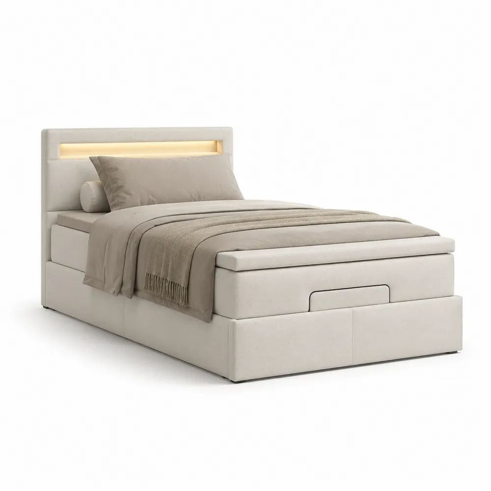 Lit coffre 1 place 90 x 200 cm en tissu beige avec tête de lit rembourrée et éclairage LED, 215 x 105 x 110 cm