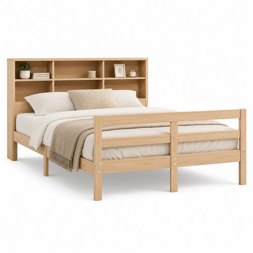 Lit double 140 × 190 cm en pin massif, bois naturel, avec tête de lit bibliothèque et barrières