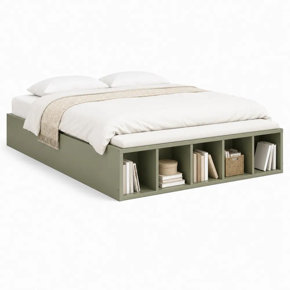 Cadre de lit double 160 x 200 cm avec 5 niches de rangement, panneaux de particules mélaminés, vert olive et blanc