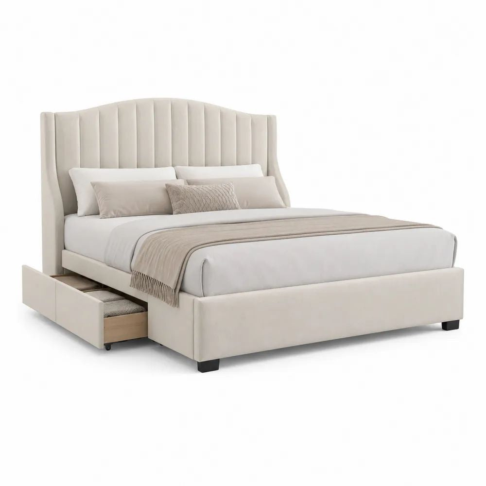 Lit double 160 x 200 cm en bois et tissu beige avec tête de lit haute rembourrée et 2 tiroirs, 218 x 176 x 125 cm