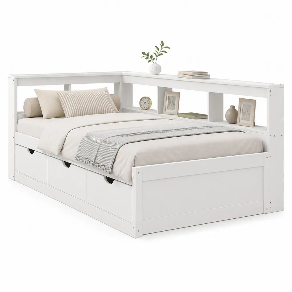 Lit banquette 140 × 200 cm avec bibliothèque d’angle et 3 tiroirs en pin massif et MDF blanc