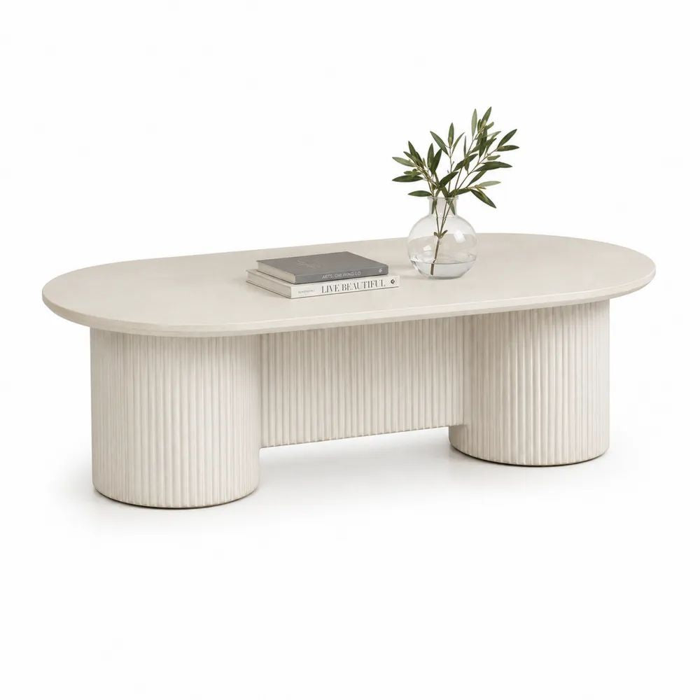 Table basse ovale en MDF cannelé blanc cassé et ivoire, 140 × 70 × 45 cm