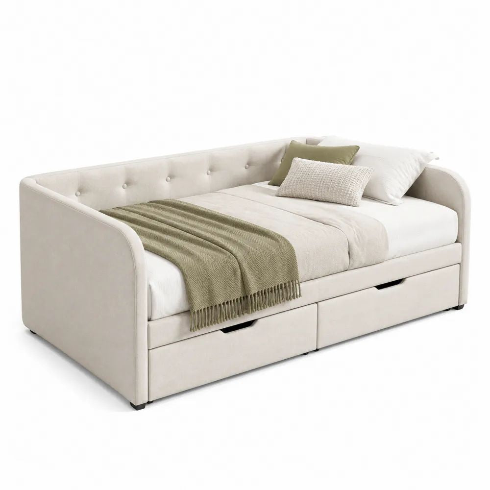 Lit banquette 1 place en tissu crème avec 2 tiroirs, couchage 90 × 200 cm, dimensions 216 × 102 × 88 cm