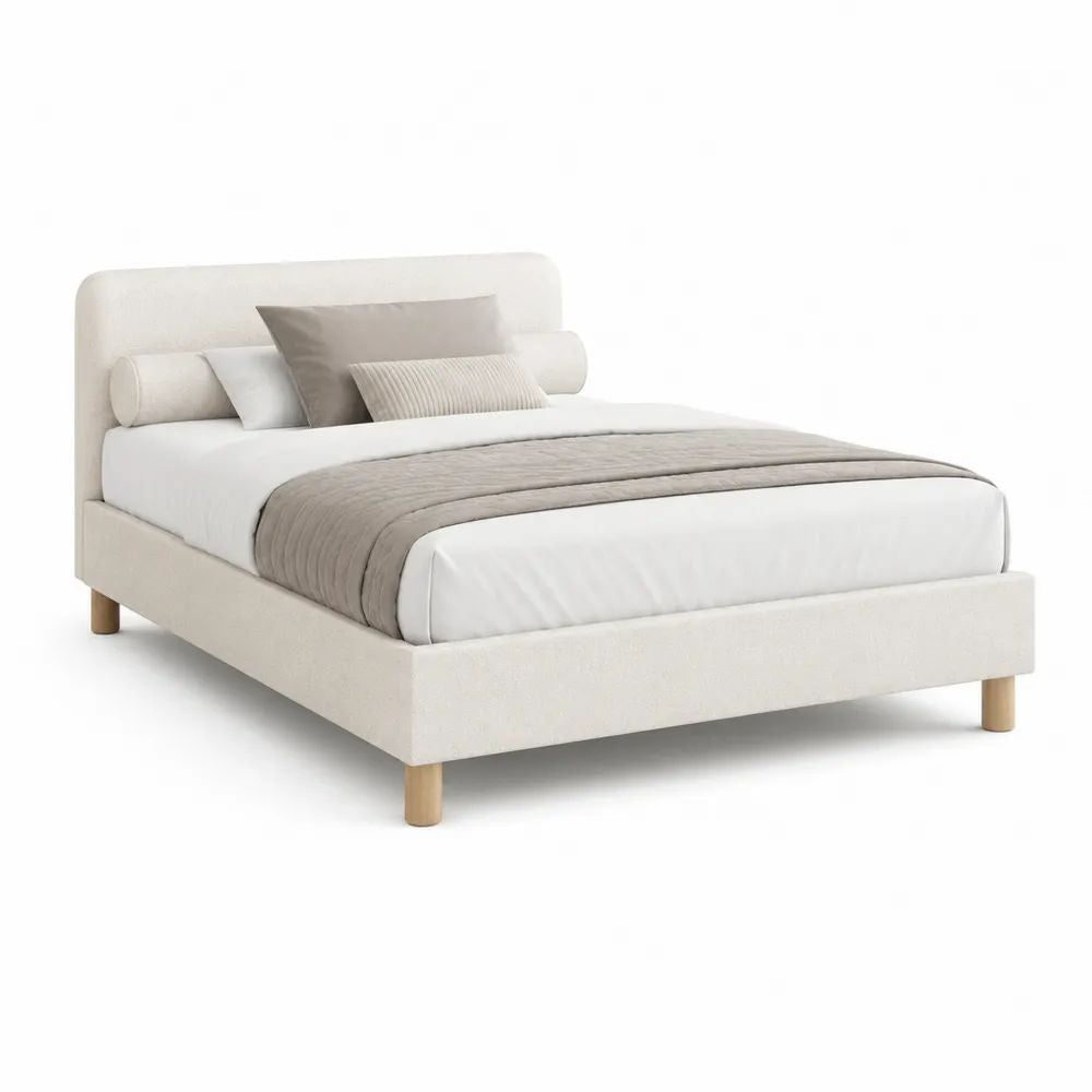Cadre de lit double rembourré en polyester bouclé blanc cassé, couchage 160 × 200 cm, dimensions 217 × 173 × 105 cm
