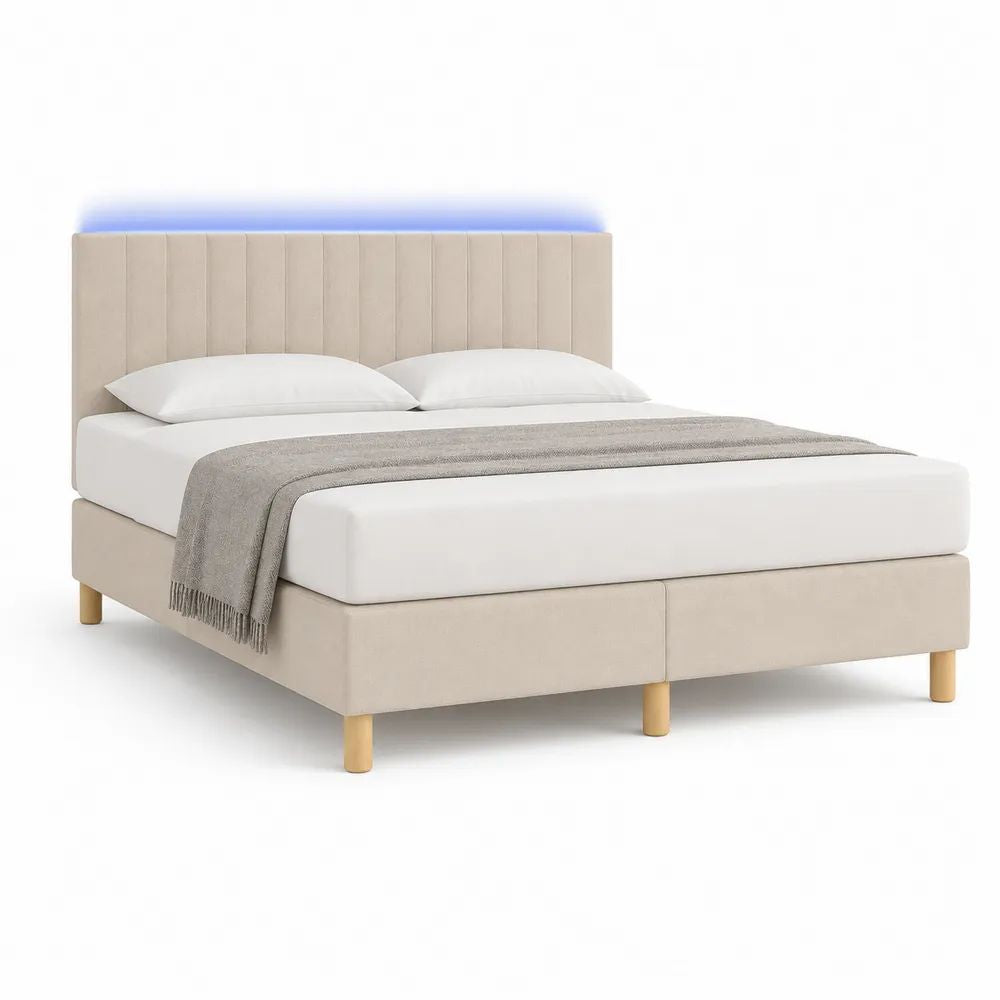 Lit double rembourré beige avec tête de lit à LED bleue et sommier à lattes, 160 x 200 cm