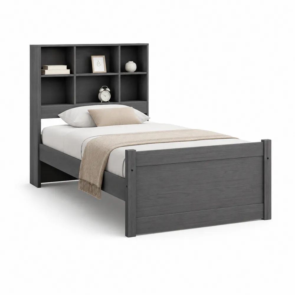Lit simple 90 x 190 cm avec tête de lit bibliothèque en panneaux de particules, gris anthracite