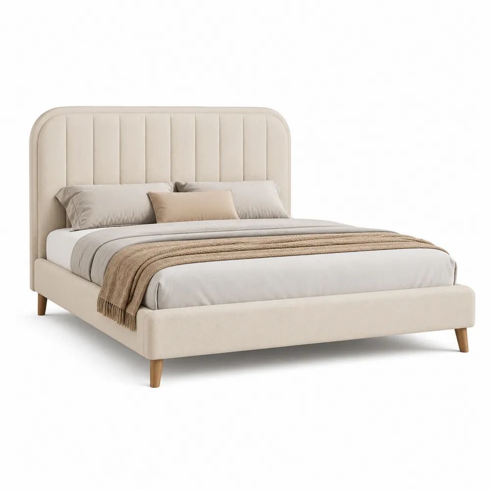 Lit double rembourré beige 160 x 200 cm en tissu polyester avec tête de lit à panneaux verticaux