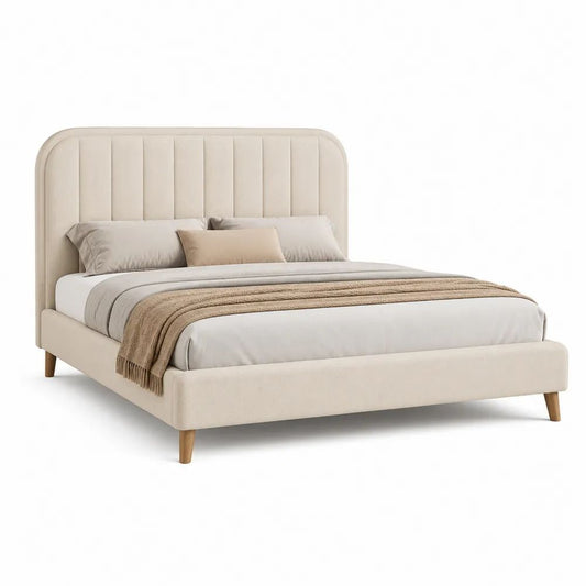 Lit double rembourré beige 160 x 200 cm en tissu polyester avec tête de lit à panneaux verticaux