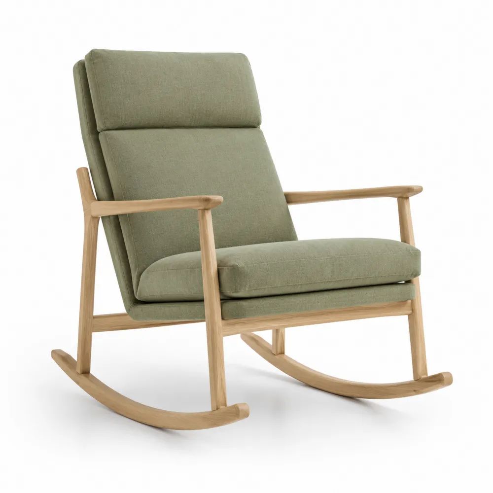 Fauteuil à bascule en bois massif naturel avec dossier haut et coussins en tissu vert sauge, 75 × 96 × 102 cm