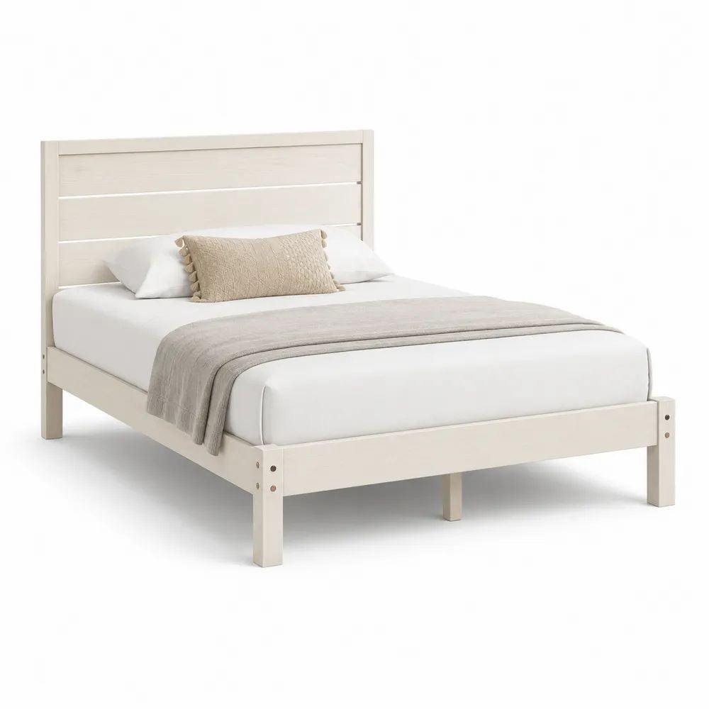 Lit double 160 x 200 cm en pin massif blanc cassé avec sommier à lattes et tête de lit rectangulaire