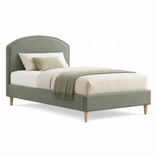 Lit double 140 x 190 cm avec sommier à lattes, revêtement en tissu vert sauge, tête de lit arrondie et pieds en bois