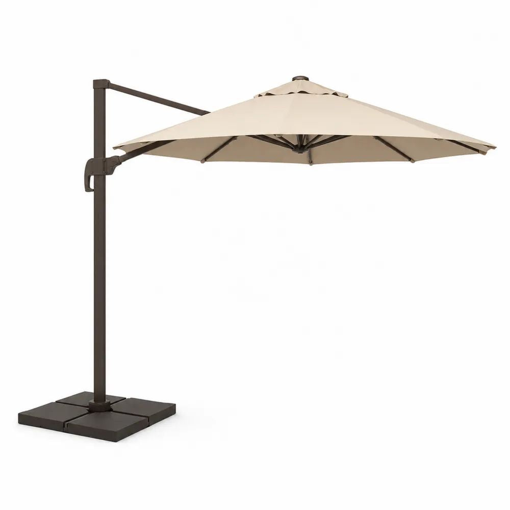 Parasol déporté carré 3 × 3 m en aluminium et polyester beige avec pied en croix et 4 dalles