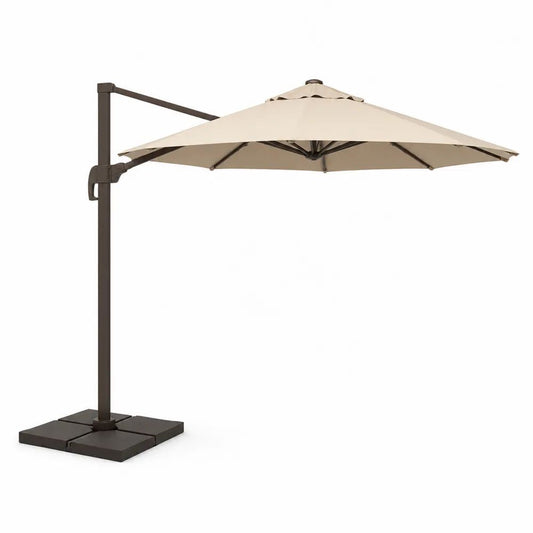 Parasol déporté carré 3 × 3 m en aluminium et polyester beige avec pied en croix et 4 dalles