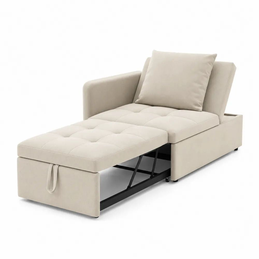 Fauteuil convertible 1 place en tissu beige avec couchage 76 x 190 cm et structure en acier