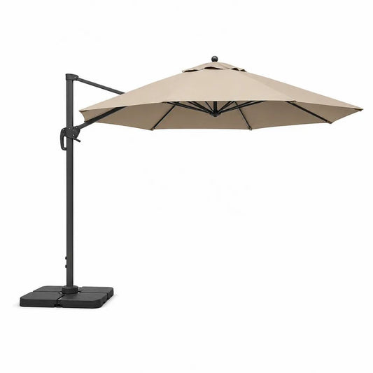 Parasol déporté rectangulaire 400 × 300 cm en tissu beige, structure en aluminium anthracite et 4 dalles noires