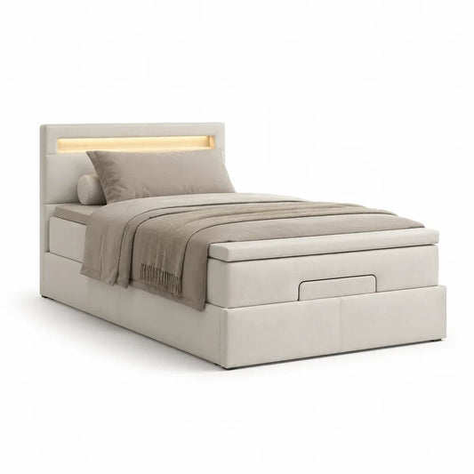 Lit coffre 1 place 90 x 200 cm en tissu beige avec tête de lit rembourrée et éclairage LED, 215 x 105 x 110 cm