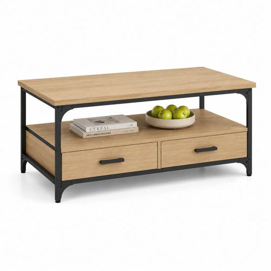 Table basse rectangulaire en panneaux de particules mélaminés et acier avec 2 tiroirs et étagère, chêne clair et noir, 100 × 55 × 45 cm