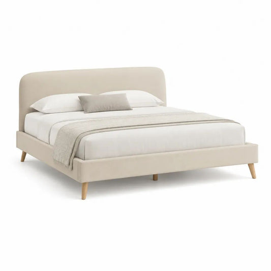 Lit double rembourré en tissu beige 160 x 200 cm avec tête de lit arrondie, sommier à lattes et pieds en bois