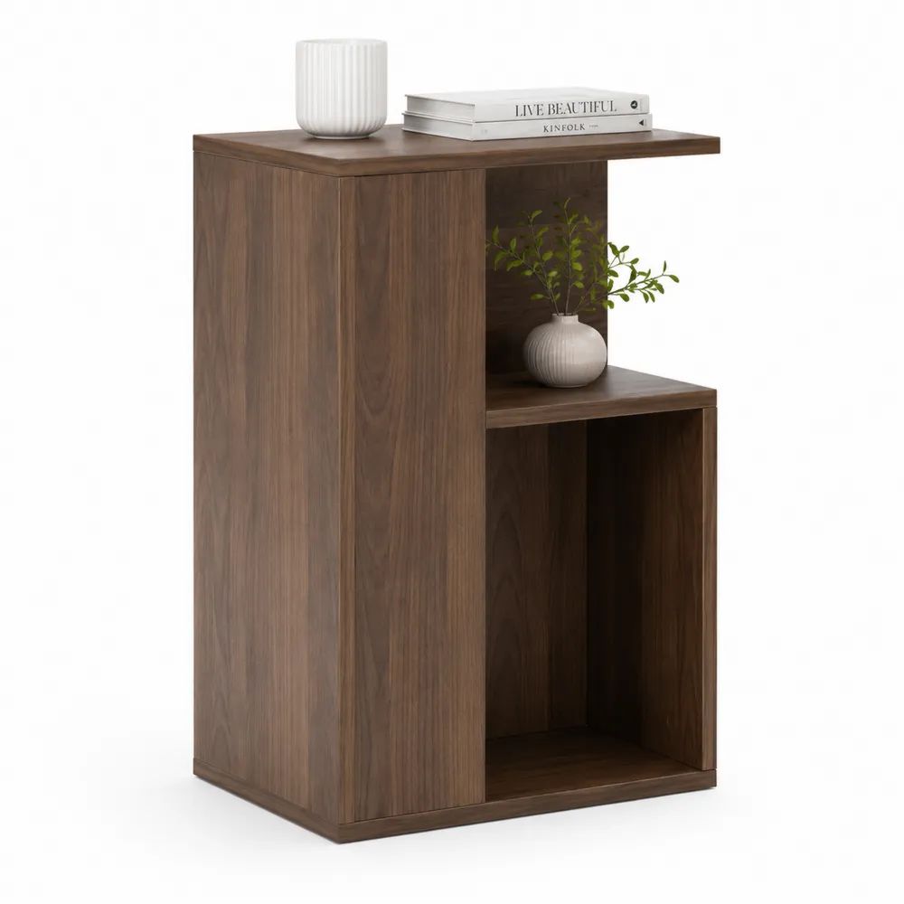 Table d’appoint rectangulaire en bois avec 2 niches ouvertes, brun noyer, 50 × 35 × 65 cm