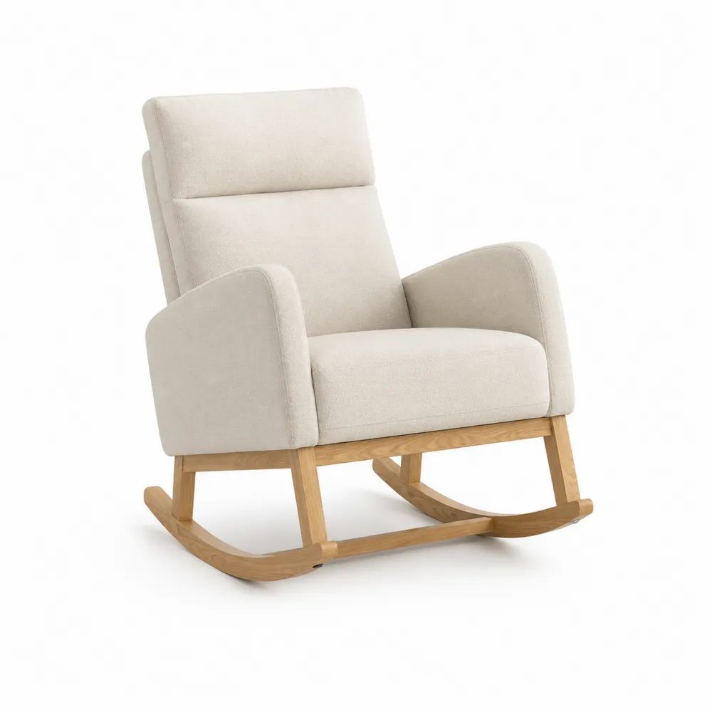 Fauteuil à bascule rembourré en polyester bouclé et hévéa massif, dossier haut, écru et chêne clair, 74 × 98 × 102 cm