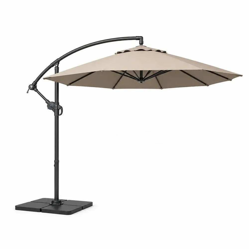 Parasol déporté carré 300 × 300 cm en polyester beige avec structure en aluminium anthracite et socle lestable