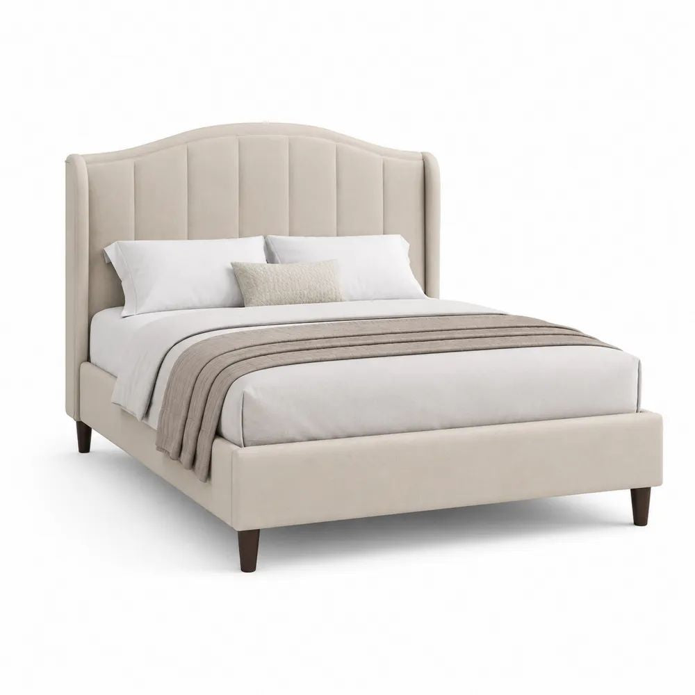 Lit double rembourré 160 × 200 cm en tissu beige avec tête de lit à panneaux verticaux
