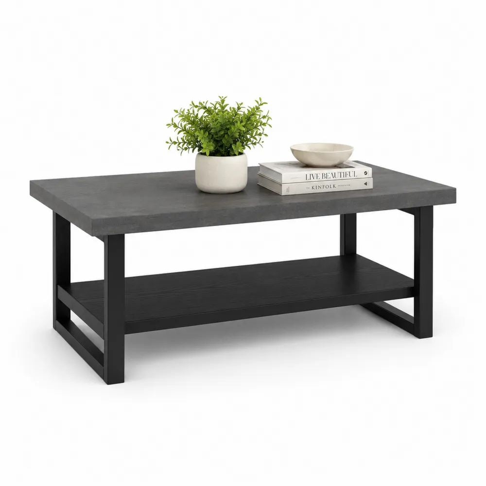 Table basse rectangulaire avec étagère en panneaux de particules mélaminés et acier, gris béton et noir, 100 × 50 × 45 cm