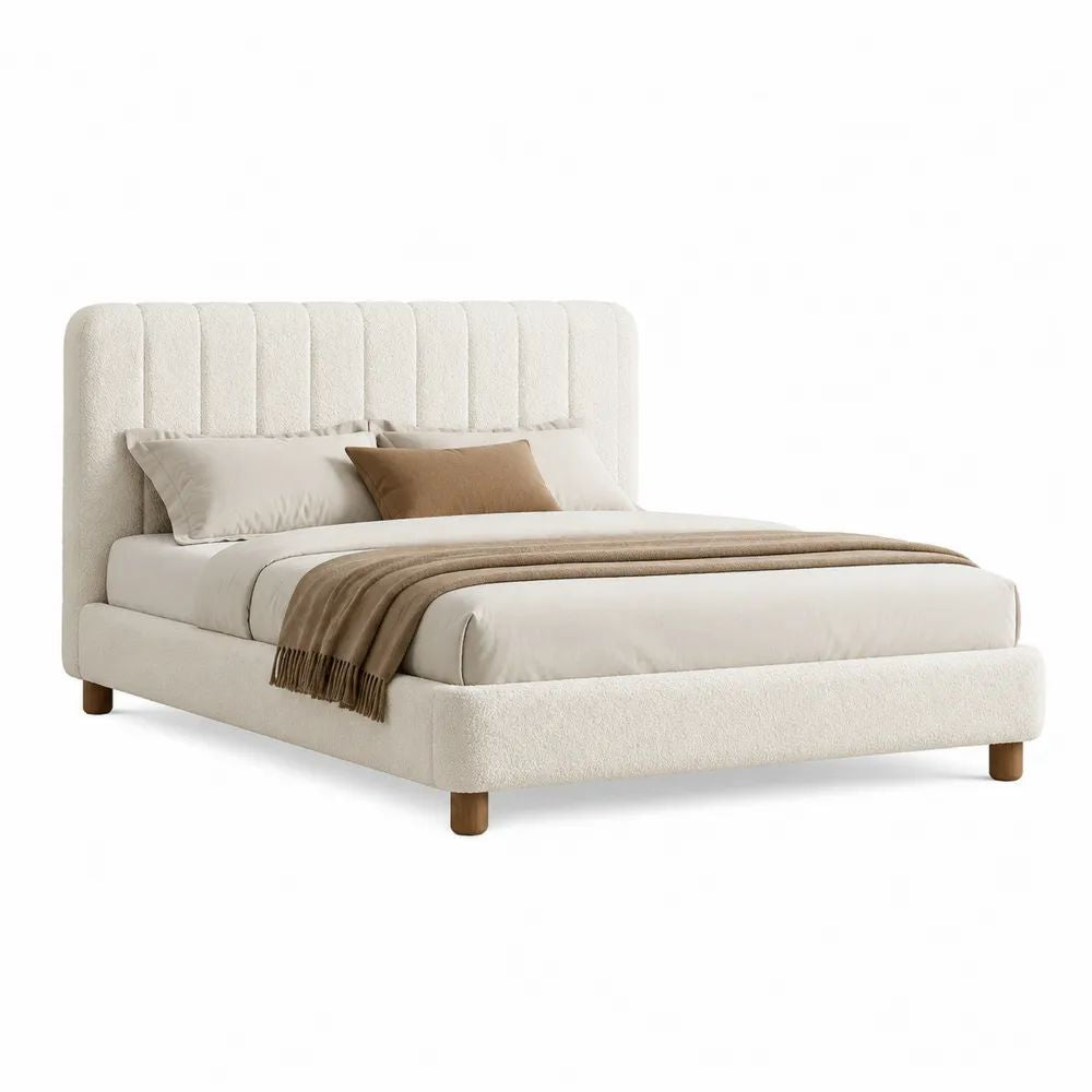 Lit double rembourré 160 × 200 cm en tissu bouclé écru avec tête de lit rectangulaire