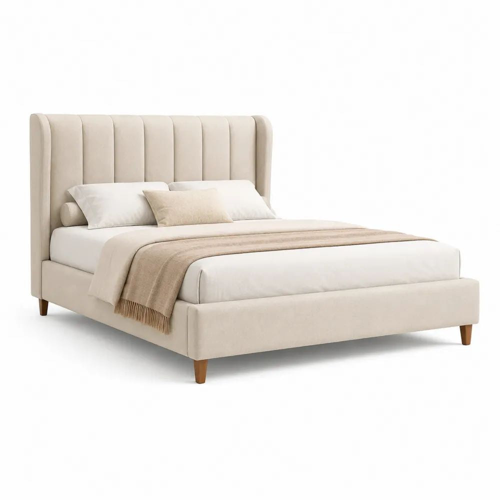 Lit double rembourré beige et brun 160 x 200 cm en polyester avec tête de lit à ailettes