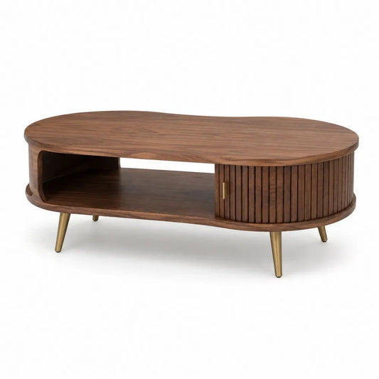 Table basse ovale avec rangement en bois brun et pieds en acier doré, 120 × 60 × 45 cm
