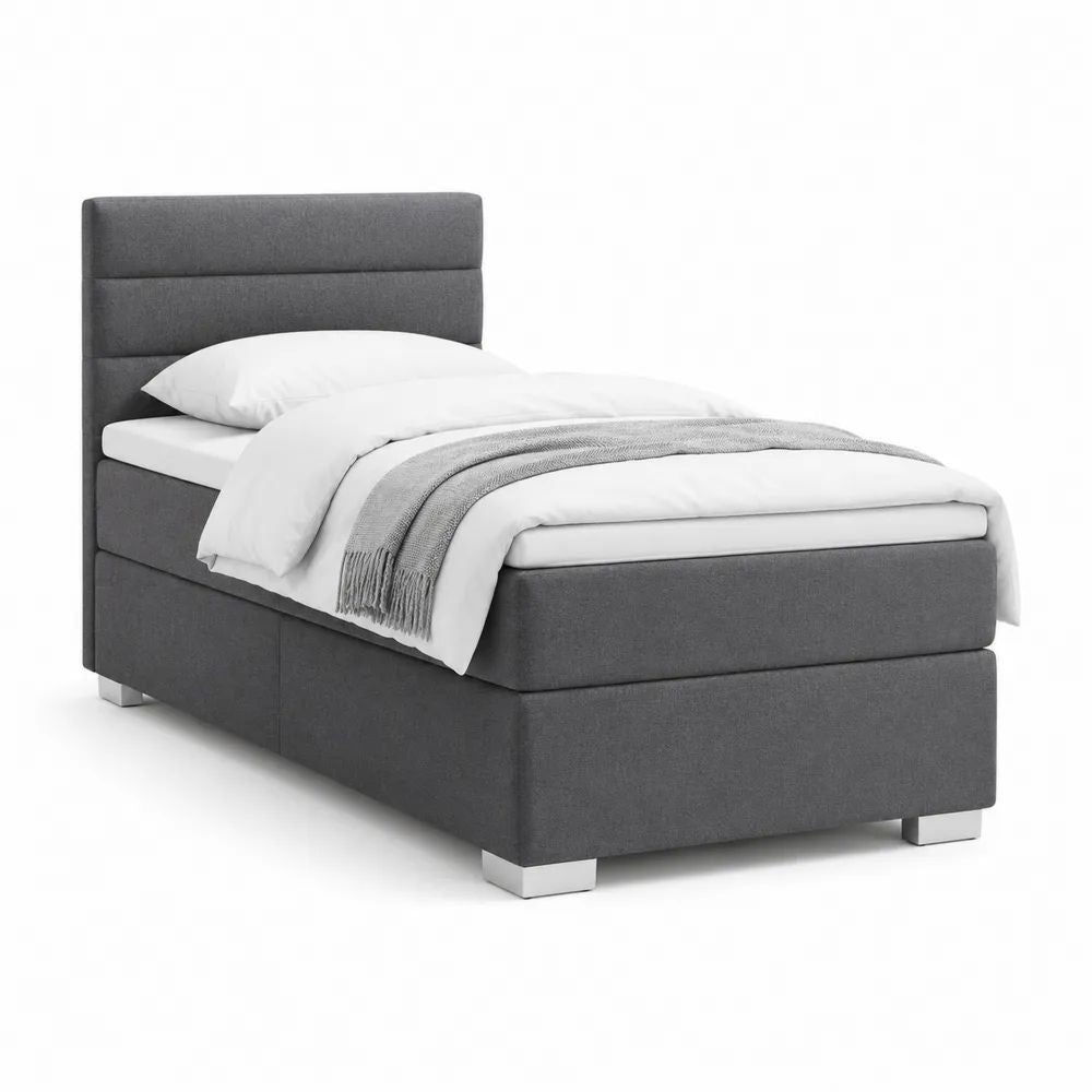 Lit continental simple 3 pièces en polyester gris foncé avec sommier, matelas et tête de lit, couchage 90 x 200 cm
