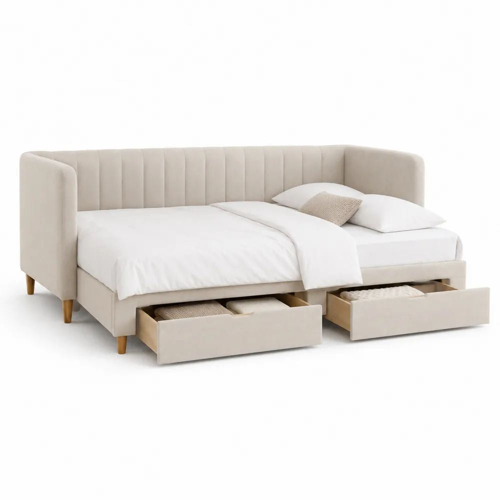 Lit banquette double 160 x 200 cm avec 2 tiroirs de rangement, revêtement polyester beige, 220 x 168 x 95 cm