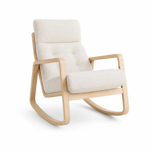 Fauteuil à bascule adulte en contreplaqué de bouleau avec coussins en tissu bouclé écru, 68 × 92 × 95 cm
