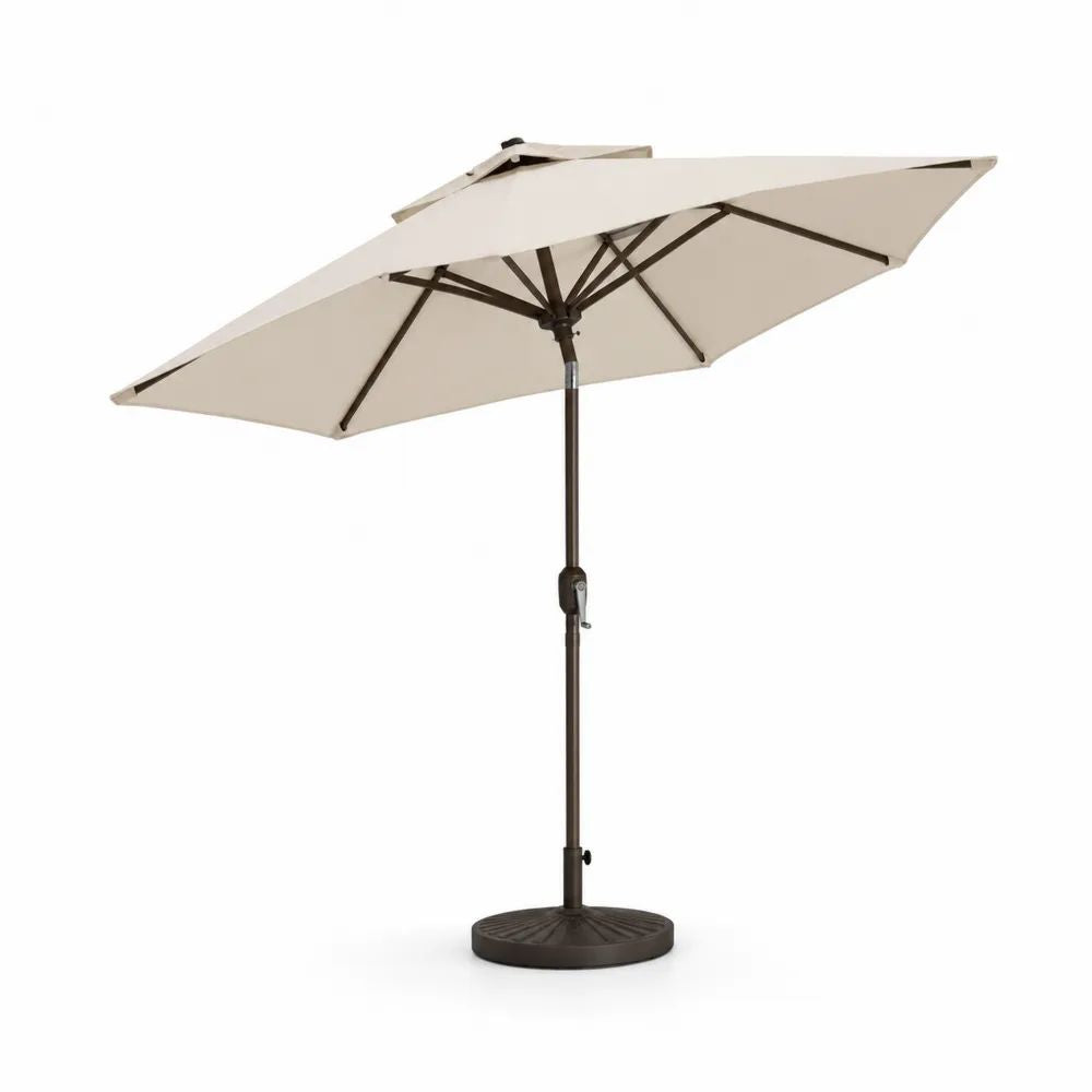Parasol de jardin rectangulaire inclinable 300 × 200 × 245 cm en tissu beige avec structure en acier brun et socle rond