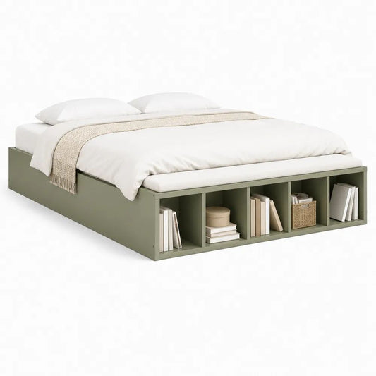 Cadre de lit double 160 x 200 cm avec 5 niches de rangement, panneaux de particules mélaminés, vert olive et blanc