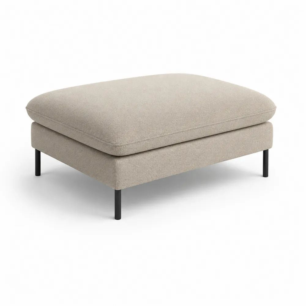 Repose-pieds rembourré rectangulaire en polyester bouclé beige avec pieds en acier noir, 80 × 70 × 45 cm