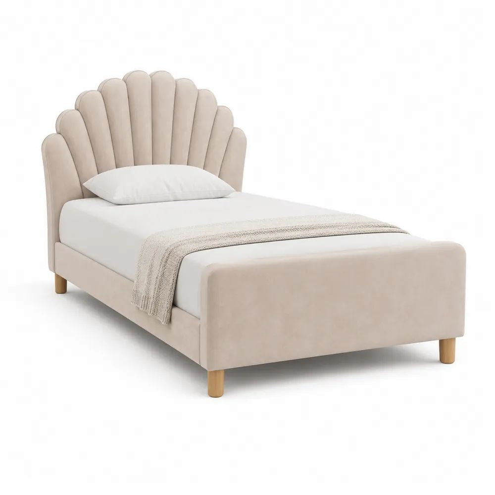 Cadre de lit simple rembourré en velours beige 90 x 190 cm avec tête de lit en éventail, dimensions hors tout 105 x 203 x 120 cm