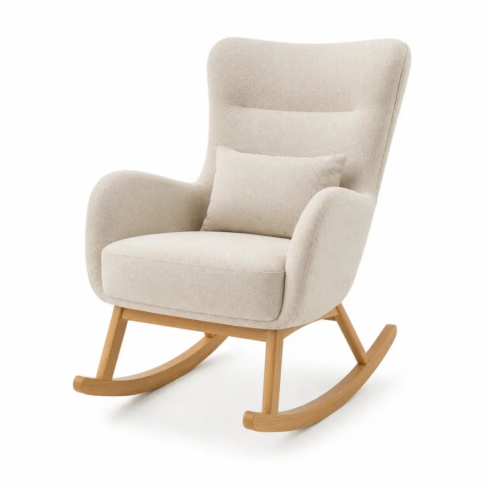 Fauteuil à bascule rembourré en polyester bouclé et hévéa massif, beige clair et bois naturel, 76 × 95 × 101 cm