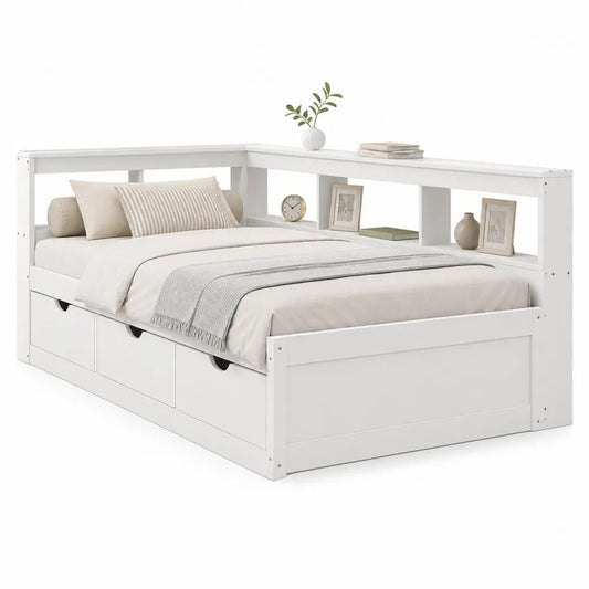 Lit banquette 140 × 200 cm avec bibliothèque d’angle et 3 tiroirs en pin massif et MDF blanc