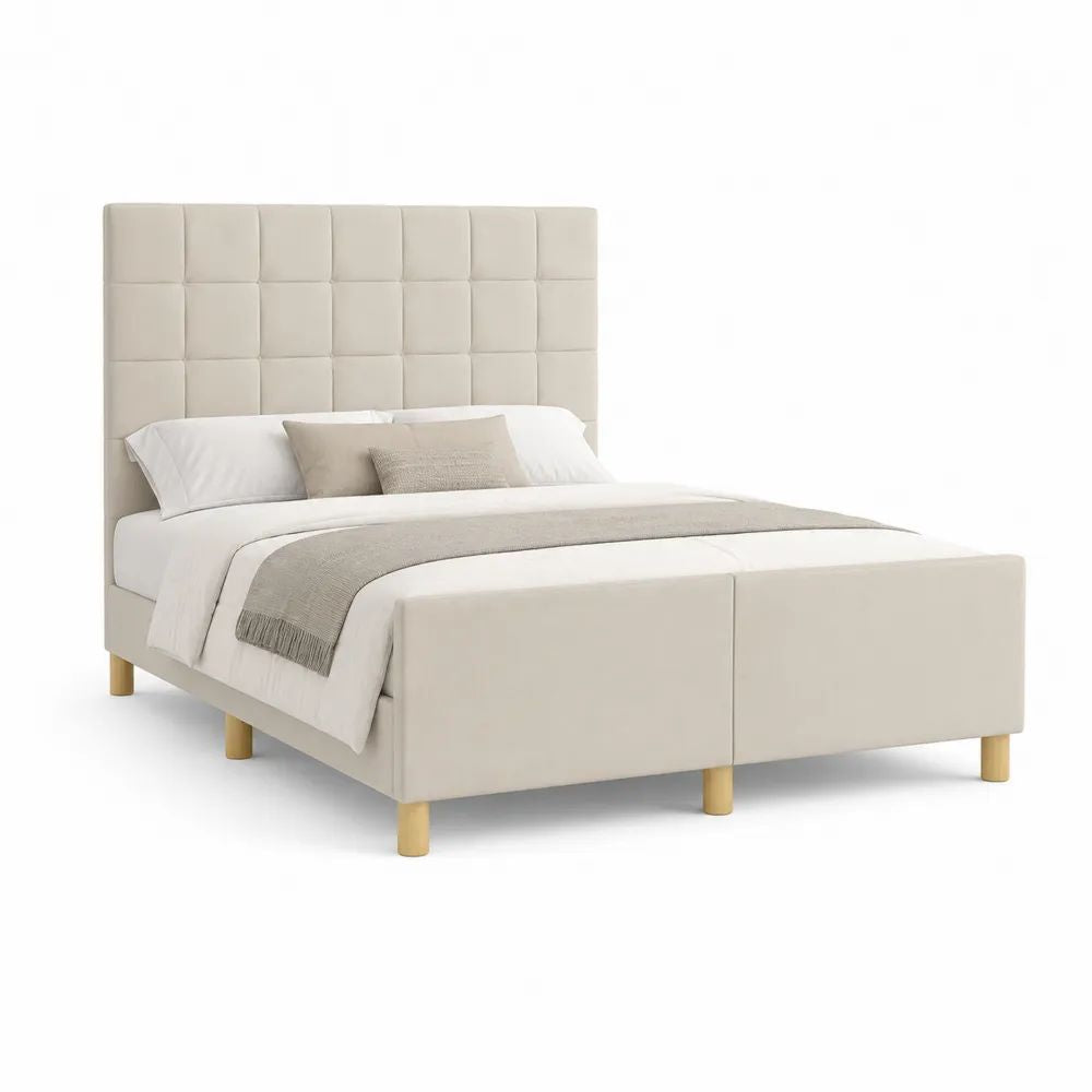 Lit double rembourré en polyester beige 160 x 200 cm, tête de lit capitonnée et pieds en bois, 213 x 171 x 130 cm