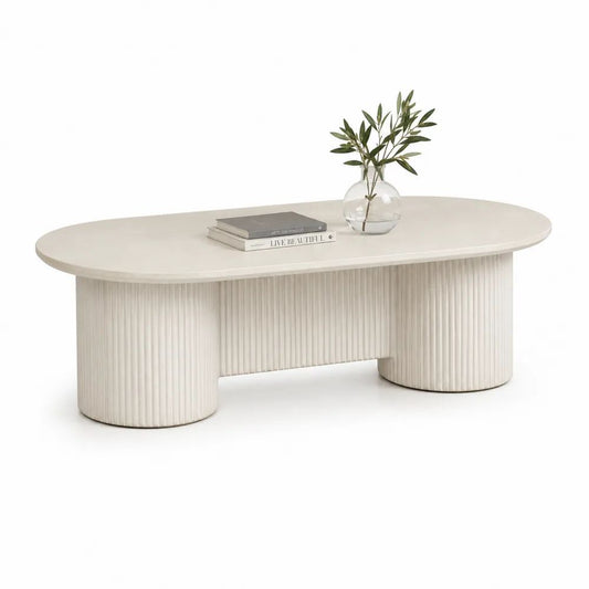 Table basse ovale en MDF cannelé blanc cassé et ivoire, 140 × 70 × 45 cm