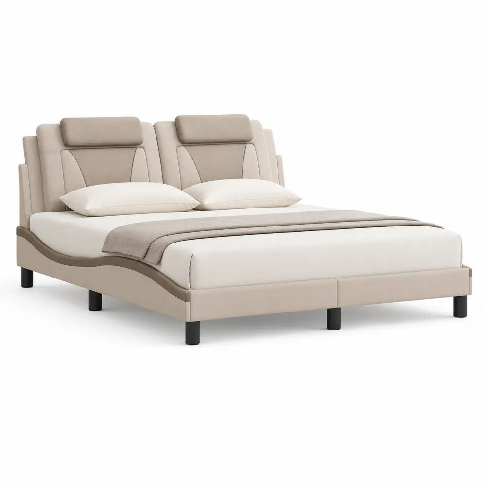 Lit double rembourré 160 × 200 cm en similicuir beige et taupe avec tête de lit