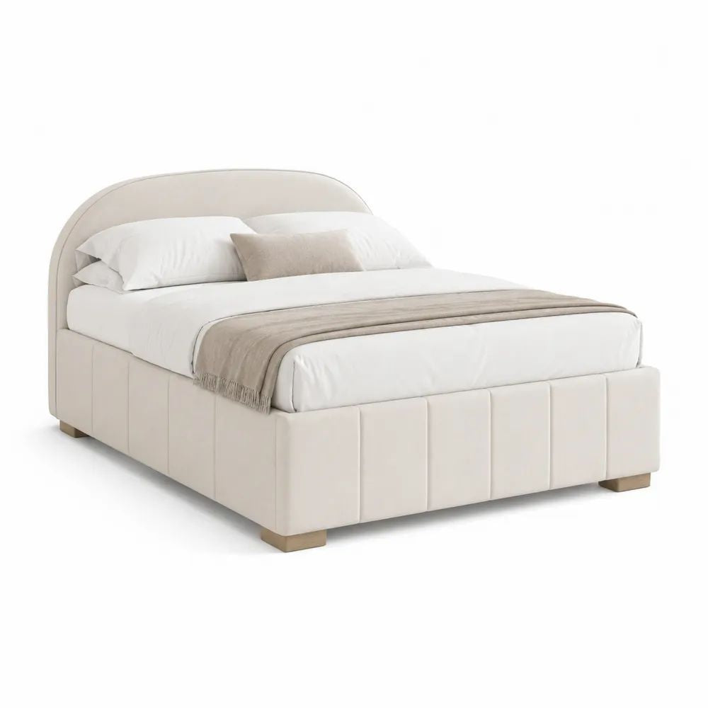 Lit double rembourré 160 × 200 cm en tissu beige crème avec tête de lit arrondie et pieds taupe
