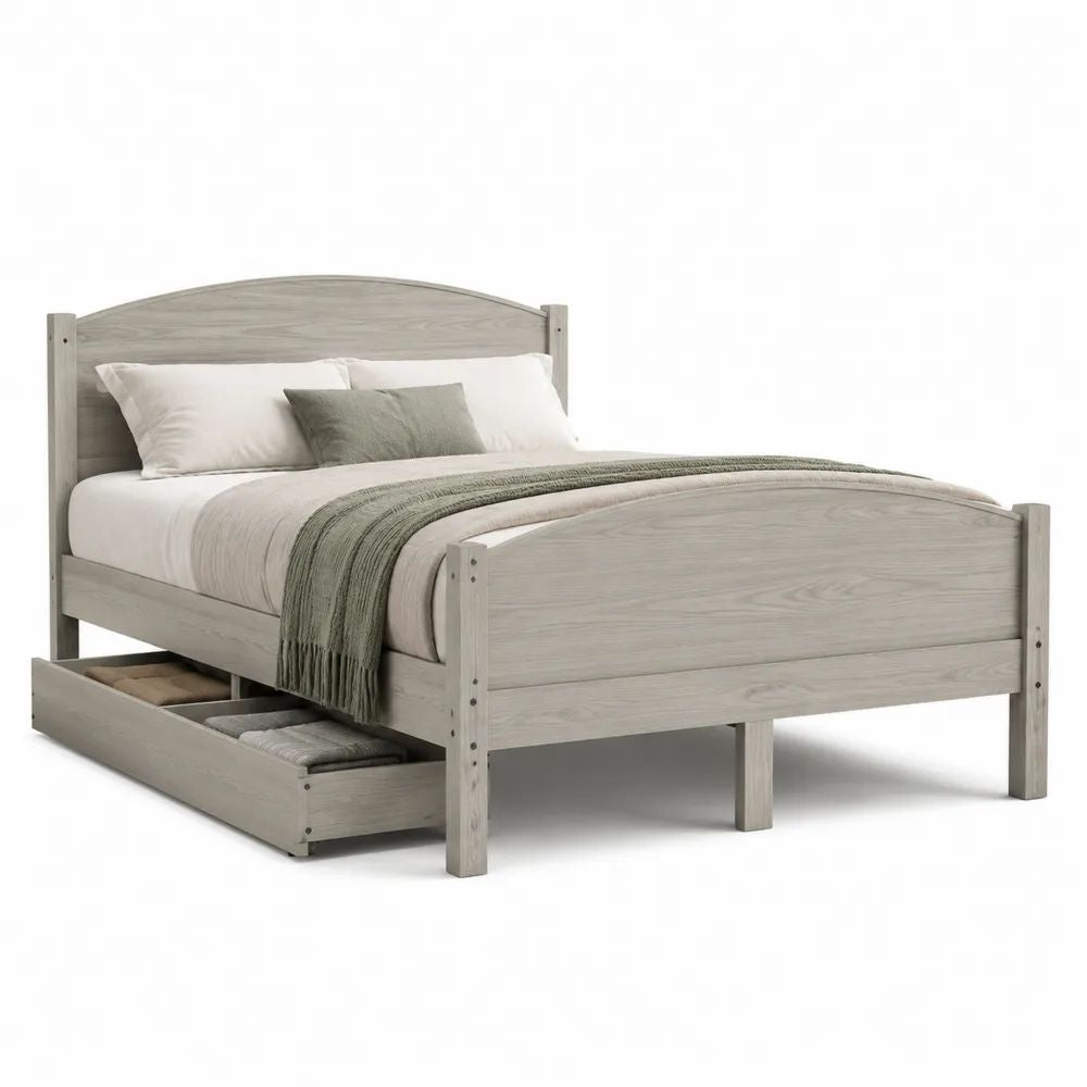Lit double en bois gris clair 160 x 200 cm avec sommier à lattes et tiroir de rangement