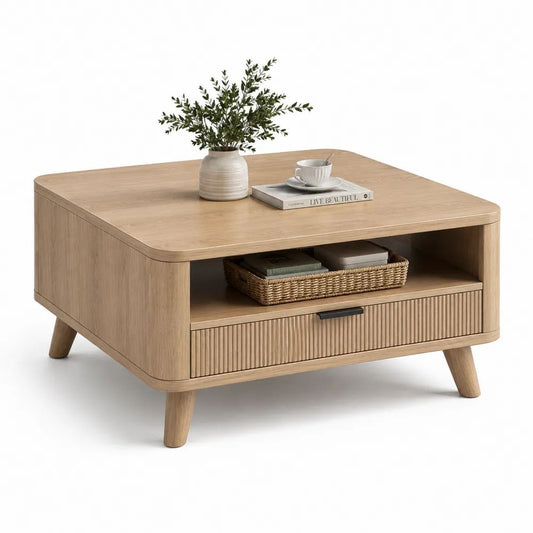 Table basse carrée en bois avec tiroir et niche, chêne naturel et noir, 80 x 80 x 45 cm