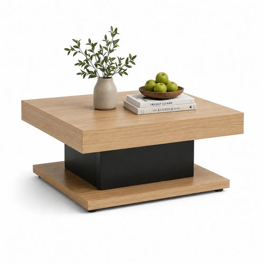 Table basse carrée en MDF, décor chêne clair et noir, 80 × 80 × 40 cm