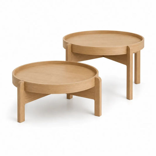 Lot de 2 tables basses gigognes rondes en MDF plaqué chêne et hévéa massif, chêne clair, Ø 70 × H 38 cm et Ø 55 × H 48 cm