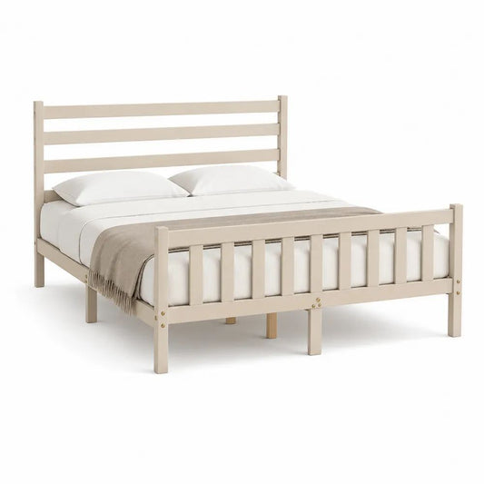 Lit double en pin massif beige grisé avec sommier à lattes, couchage 140 × 190 cm, dimensions 198 × 148 × 105 cm