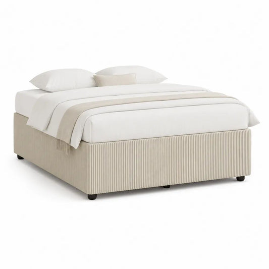 Lit double beige 160 x 200 cm, cadre rembourré en velours côtelé polyester, sans tête de lit, 208 x 168 x 38 cm